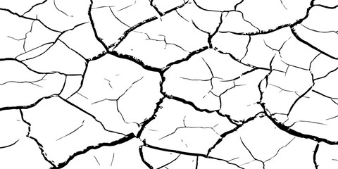 High-resolution black and white cracked dry earth texture, natural drought soil pattern with deep fissures, abstract background symbolizing climate change, arid land, desert surface, and environmental
