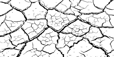 High-resolution black and white cracked dry earth texture, natural drought soil pattern with deep fissures, abstract background symbolizing climate change, arid land, desert surface, and environmental