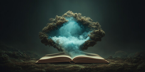 A cloud-shaped formation rises from an open book, symbolizing knowledge and imagination shaping new worlds and ideas.