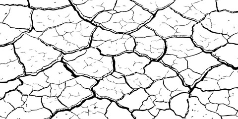 High-resolution black and white cracked dry earth texture, natural drought soil pattern with deep fissures, abstract background symbolizing climate change, arid land, desert surface, and environmental