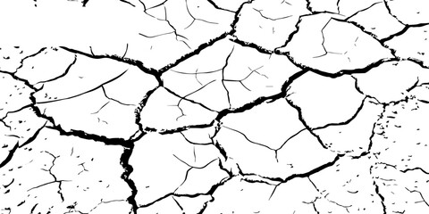 High-resolution black and white cracked dry earth texture, natural drought soil pattern with deep fissures, abstract background symbolizing climate change, arid land, desert surface, and environmental