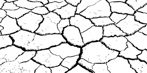 High-resolution black and white cracked dry earth texture, natural drought soil pattern with deep fissures, abstract background symbolizing climate change, arid land, desert surface, and environmental