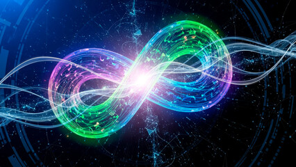 Obraz premium Digital infinity symbol with vibrant glowing lines and network connections