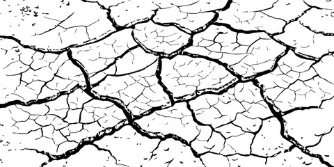 High-resolution black and white cracked dry earth texture, natural drought soil pattern with deep fissures, abstract background symbolizing climate change, arid land, desert surface, and environmental