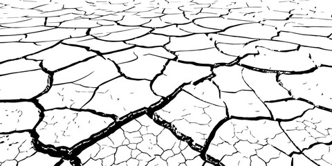 High-resolution black and white cracked dry earth texture, natural drought soil pattern with deep fissures, abstract background symbolizing climate change, arid land, desert surface, and environmental