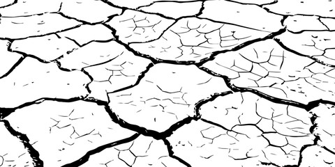 High-resolution black and white cracked dry earth texture, natural drought soil pattern with deep fissures, abstract background symbolizing climate change, arid land, desert surface, and environmental