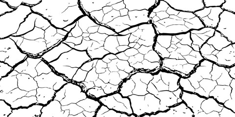 High-resolution black and white cracked dry earth texture, natural drought soil pattern with deep fissures, abstract background symbolizing climate change, arid land, desert surface, and environmental