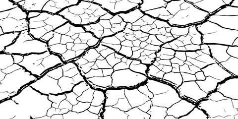High-resolution black and white cracked dry earth texture, natural drought soil pattern with deep fissures, abstract background symbolizing climate change, arid land, desert surface, and environmental