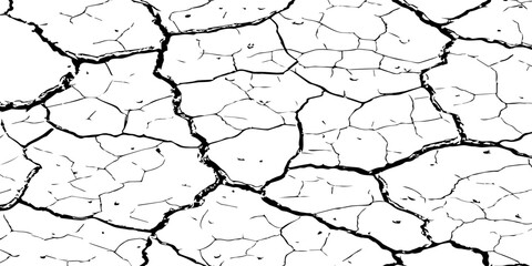 High-resolution black and white cracked dry earth texture, natural drought soil pattern with deep fissures, abstract background symbolizing climate change, arid land, desert surface, and environmental
