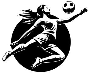 Energetic sports image featuring a female soccer player mid-air, reaching for a kick against a solid black circle. Ideal for sports, fitness, teamwork, competition