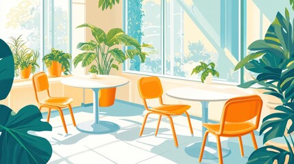 Sunny cafe interior with plants and tables