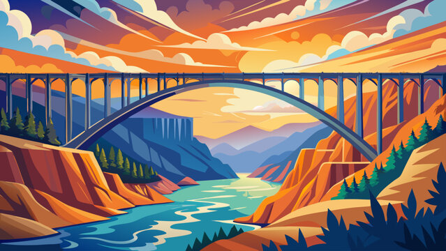Very beautiful iconic bridge spanning the majestic New River Gorge, soaring structure above deep canyon, dramatic scale, and bold composition illustrated in vector style.