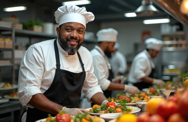 Chef smiles looking at camera preparing food in busy kitchen. Team works in background plating meals. Professionals coordinate culinary tasks. Diverse staff create gourmet dishes.