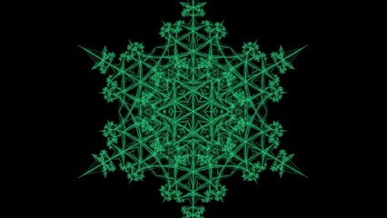 Intricate Green Fractal Snowflake Pattern on Black Background.