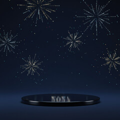 Fototapeta premium Festive Stage: A dark stage under fireworks in the night sky. The platform is ready for the special event. 