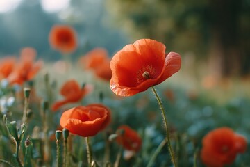 Obraz premium Vibrant field of red poppy flowers under a clear blue sky