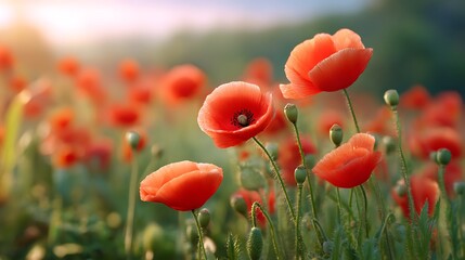 Vibrant field of red poppy flowers under a clear blue sky