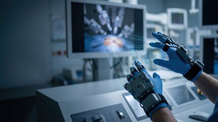 Remote Health Solutions concept. Advanced robotic surgery with virtual interface and medical professionals.