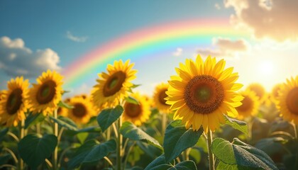Fototapeta premium Field of sunflowers under bright rainbow and sun. Golden flowers bloom with green leaves. Blue sky with clouds above. Peaceful summer nature landscape.
