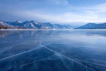 Frozen lake surface with intricate ice cracks in winter