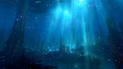 Submerged futuristic city with glowing blue lights