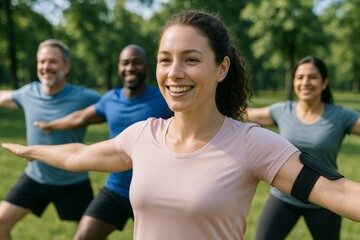 Group of people practicing outdoor fitness together in a park, smiling while performing coordinated stretching exercises in natural sunlight environment. Ai generative