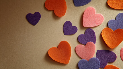 Fototapeta premium Vibrant Hearts of Emotion: An artful composition of colorful, heart-shaped cutouts scattered across a surface, representing love and affection. Capturing the feeling of Valentine's day.
