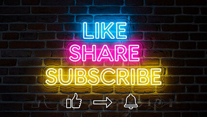 Fototapeta premium Like, Share, Subscribe Neon Sign on the concept of Social Media engagement.