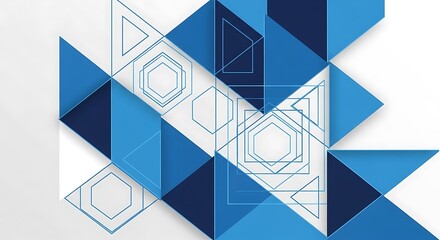Abstract Geometric Design with Blue Triangles and Hexagons.
