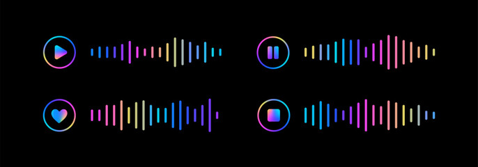 Neon audio waveform UI elements set with play, pause, like and app icons on black background. Colorful sound equalizer bars for music player interface, streaming apps, podcasts and digital media desig
