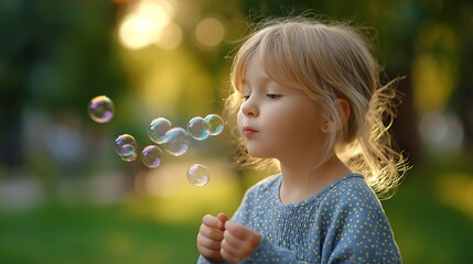 Little girl blowing bubbles in a sunny spring park