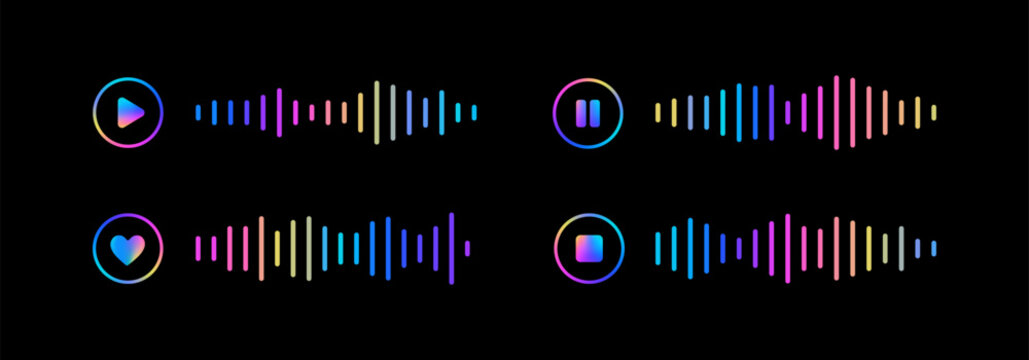 Neon audio waveform UI elements set with play, pause, like and app icons on black background. Colorful sound equalizer bars for music player interface, streaming apps, podcasts and digital media desig