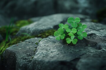 Vibrant Green Clover Sprouting from Cracked Gray Stone in Natural Light