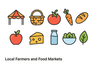 Farmers and food markets icon set. Local produce collection in flat style