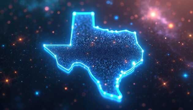Glowing outline map of Texas made of blue digital dots. Abstract cosmic background with stars and nebulae. Futuristic network grid connects points across the state.
