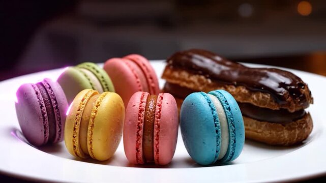 Colorful Macarons and Eclairs on a White Plate with Neon Glow.