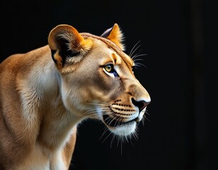 Fototapeta premium Lioness profile portrait looking left. Fierce yellow eye stares intently. Detailed fur texture is visible. Dark background isolates animal. Powerful predator rests watchful.