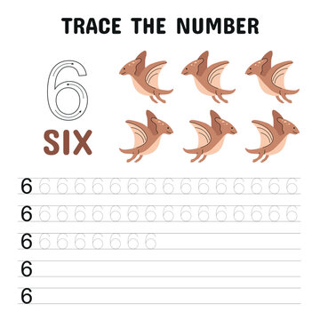 Dinosaur Number 6 Tracing Practice Sheet for Children