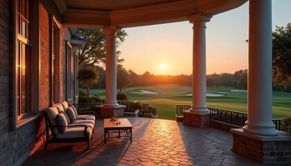 Fototapeta premium Brick house porch with patio furniture overlooks golf course at sunset. Sunlight reflects on large lawn, trees, and sand traps. Elegant estate living area provides peaceful view.