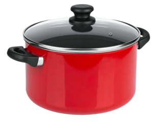 Red pot with glass lid and black handles