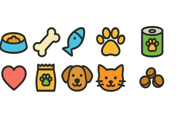 Fototapeta premium Pet care, veterinary flat icon set. Animal nutrition, health, grooming symbols collection