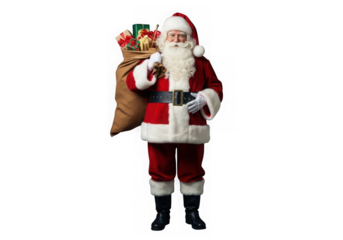 A full-body portrait of santa claus carrying a big brown sack filled with gifts isolated on transparent background