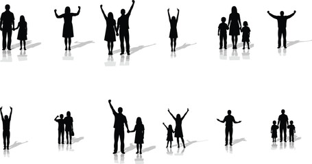 Vector set of diverse family and people silhouettes cheering, standing with hands raised, celebrating success, achievement, or freedom, isolated with shadows for positive emotion and victory graphics.