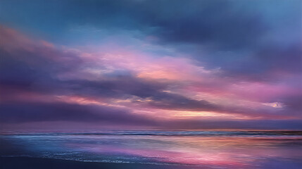 Obraz premium A serene coastal landscape with a colorful sky at dawn or dusk. The sky features shades of pink, purple, and blue, reflected in the wet sand
