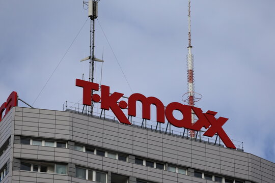 Warsaw, Poland &ndash; October 26, 2025: TK Maxx logo on top of a commercial building in the city