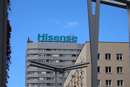 Warsaw, Poland &ndash; October 26, 2025: Hisense rooftop sign against a blue sky in the city