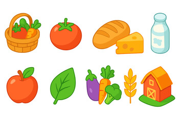 Farm fresh food icon set. Agriculture, organic produce icons in flat style