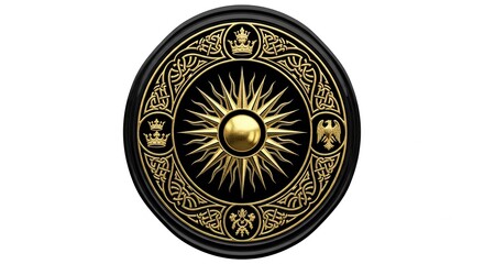 Sophisticated Emblem with Golden Sunburst and Ornate Celtic Knotwork Border on Black Background