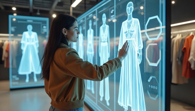 Woman uses futuristic touchscreen to digitally try on dresses. She interacts with holographic fashion mannequins on a large interactive display. This advanced retail tech offers virtual fitting.