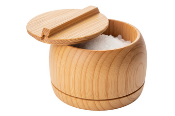 Round wooden salt cellar container filled with white sea salt isolated with transparent background